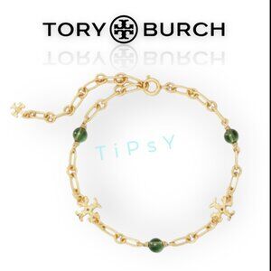 Tory Burch Roxanne Delicate Emerald Pearl and Gold Chainlink Bracelet
